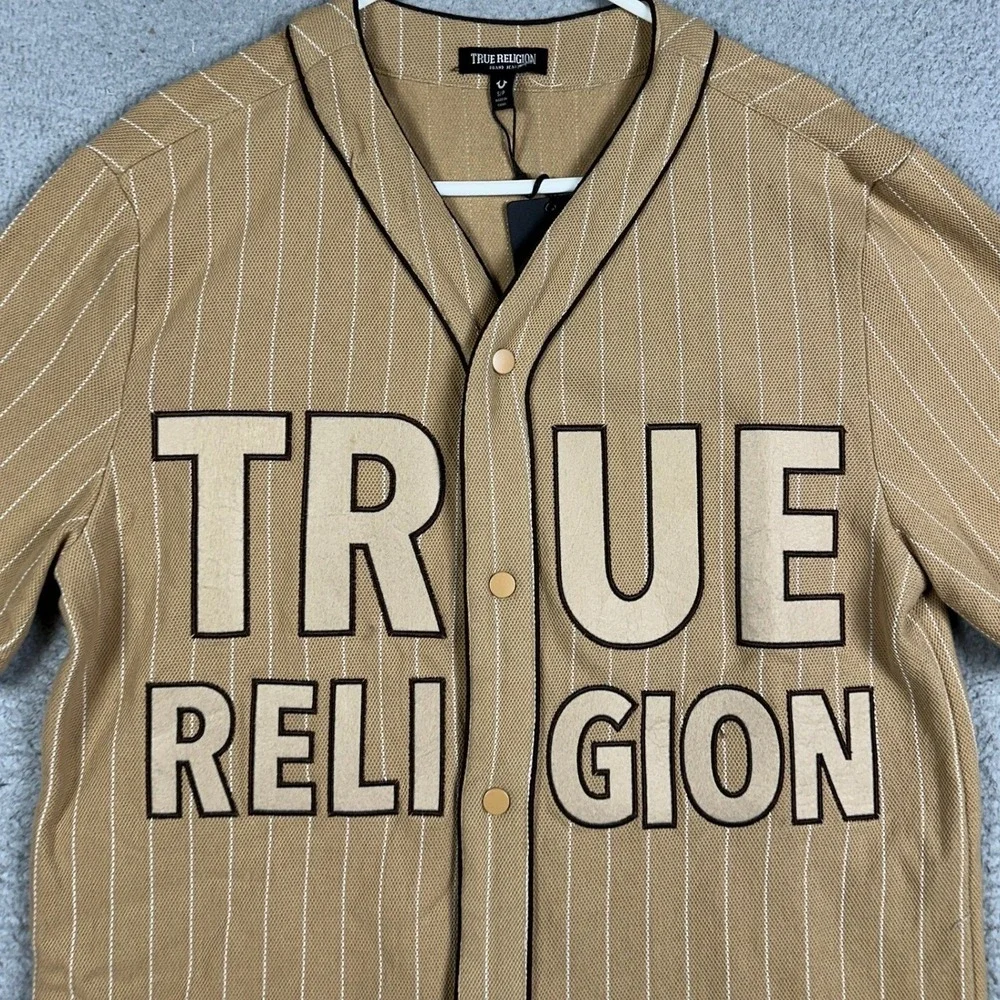 NEW True Religion Shirt Mens Small Tan Baseball Jersey Graphic Print Button Up